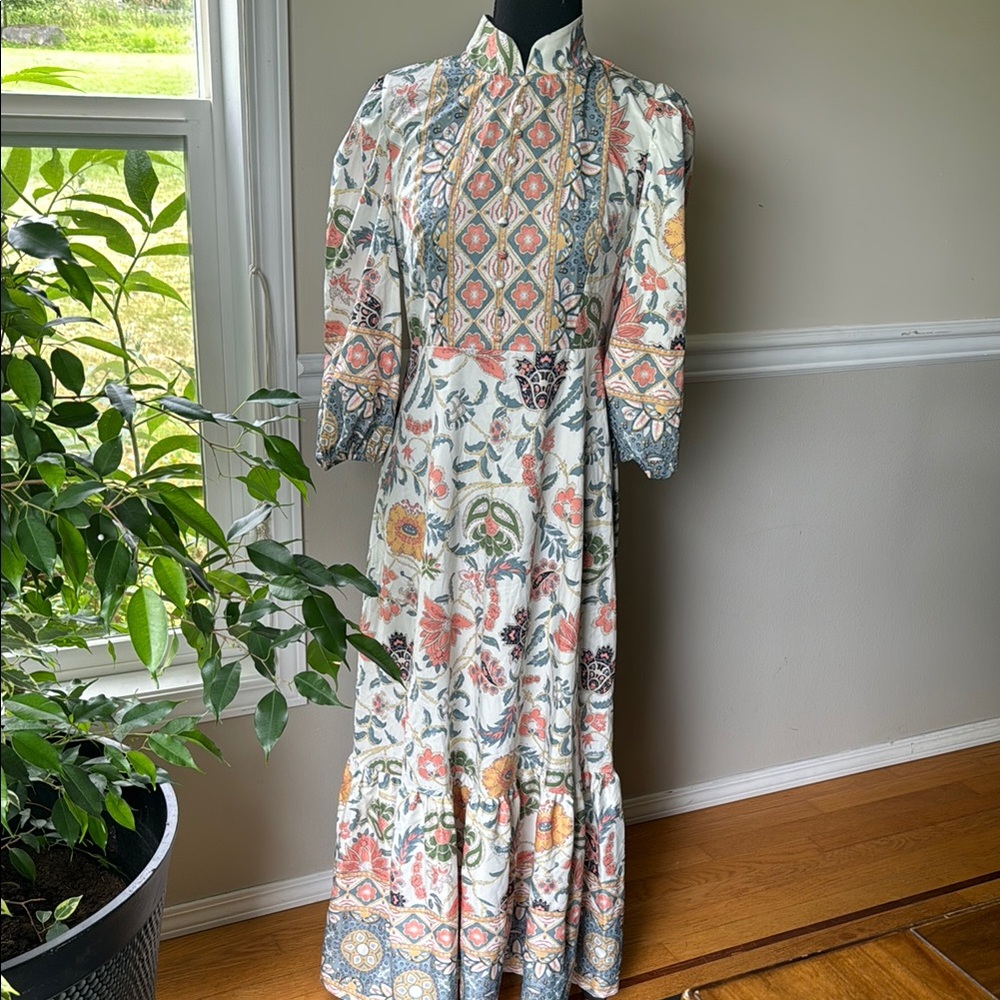 SHEIN Floral Maxi Dress Long Sleeve in Cream, Coral & Blue